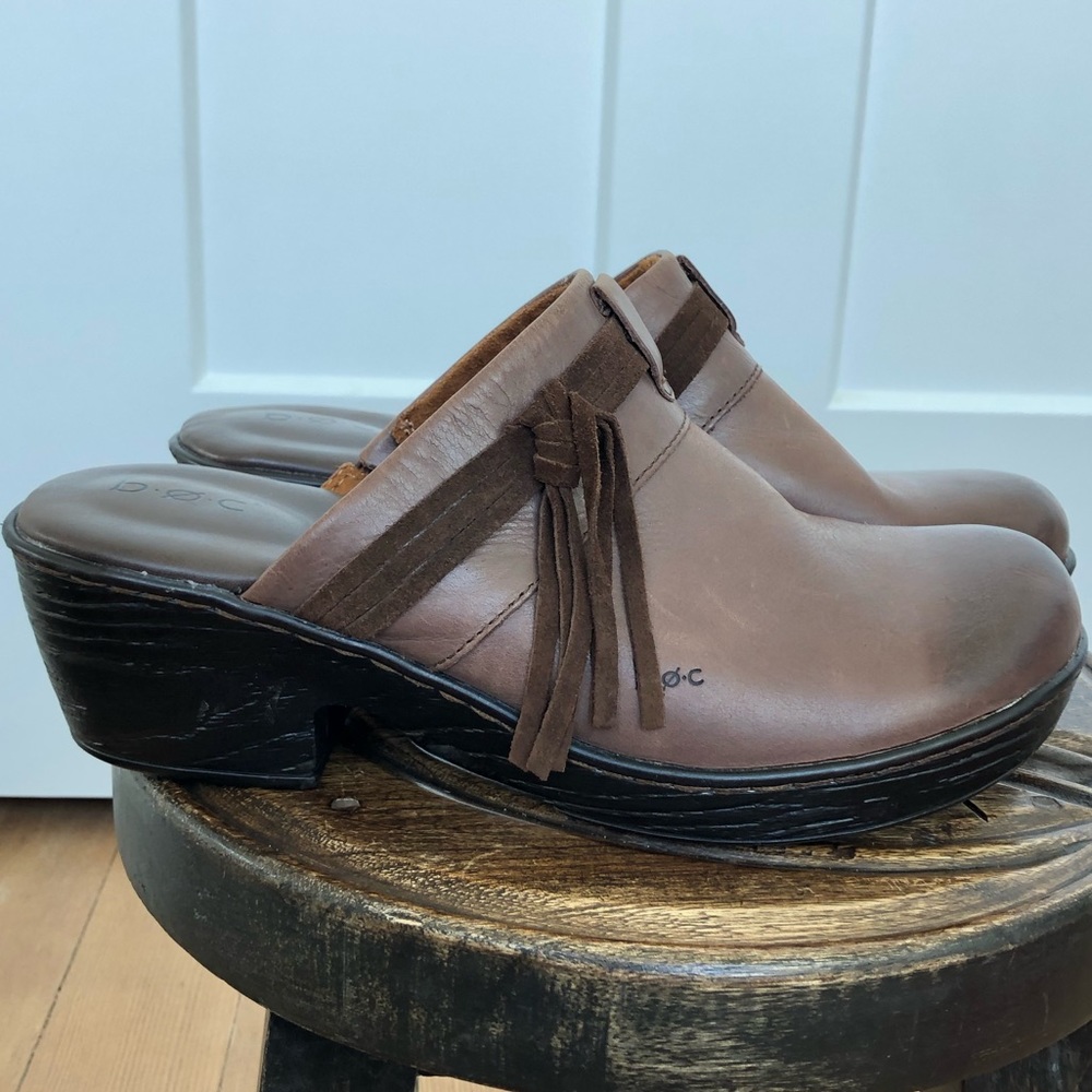 Born Women's Deanne Heel Mule Platfrom Brown Leather Clog Fringe Tassel Sz 9